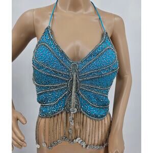Women's Blue Beaded Butterfly Crop Top One Size